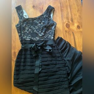 RM Richards Formal Black Lace Tiered Mermaid Dress with Ribbon Detail